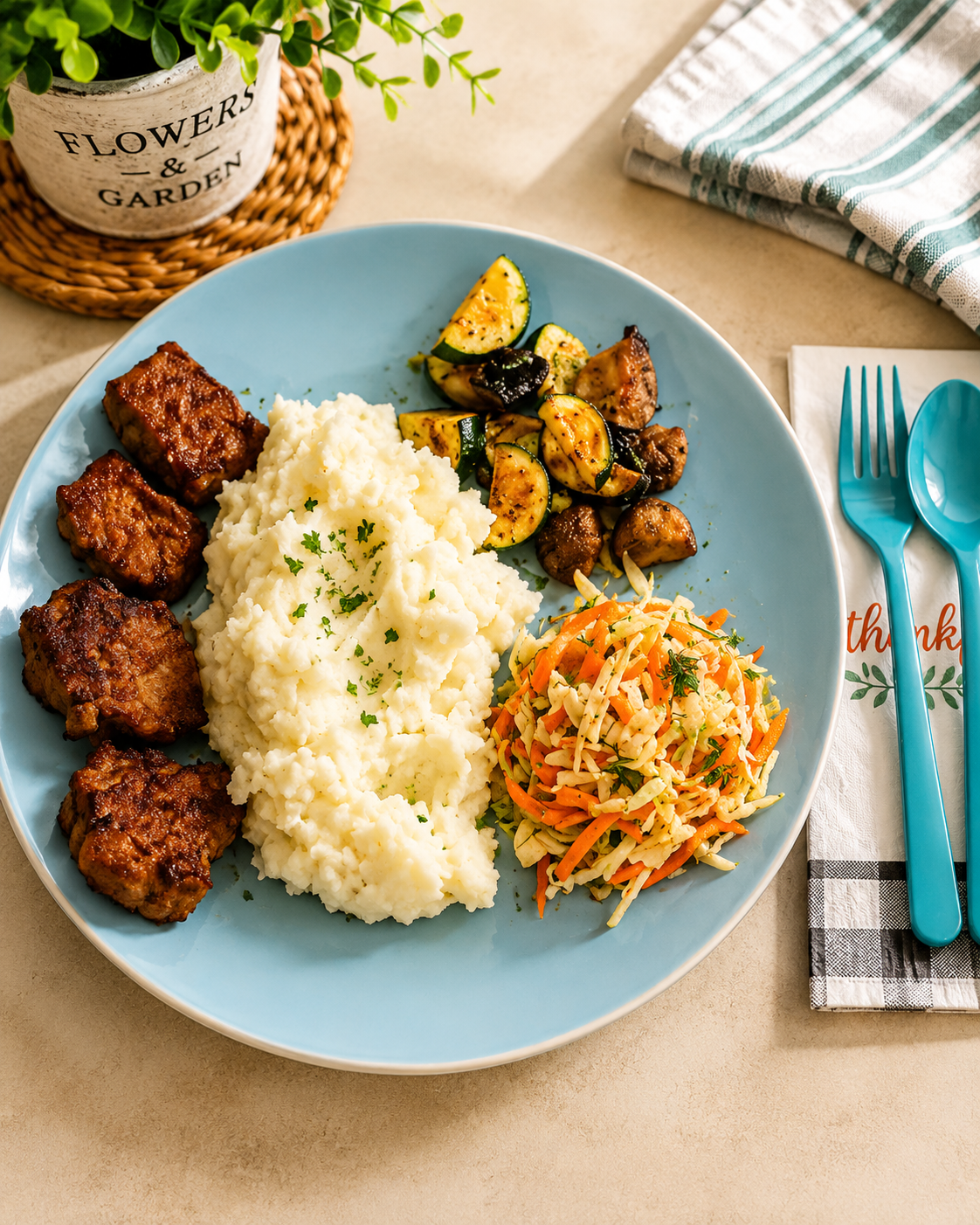 Salisbury steak with creamy mashed potatoes, coleslaw and grilled vegetables