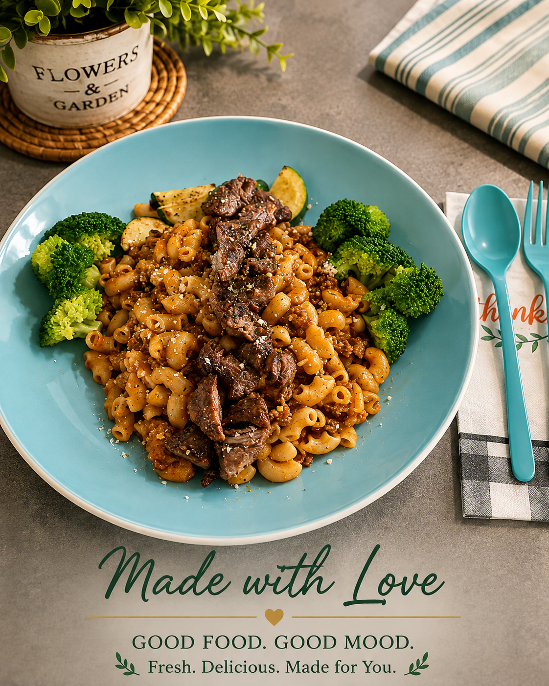 Beef pasta in savory sauce with steamed broccoli and grilled zucchini