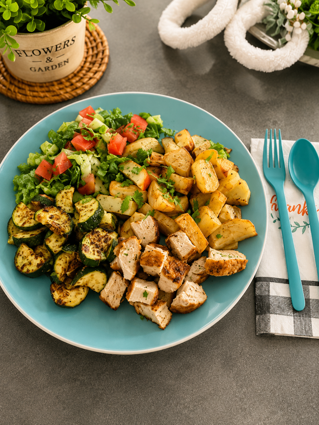 Grilled chicken with roasted potatoes, sauteed zucchini and a fresh garden salad