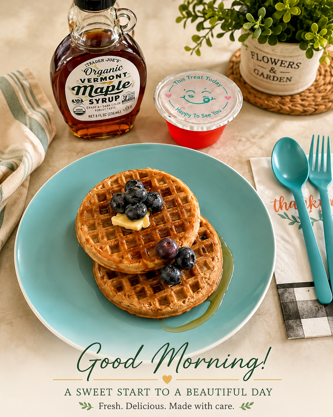 Breakfast of golden waffles with butter, fresh blueberries and maple syrup served with fruit cup