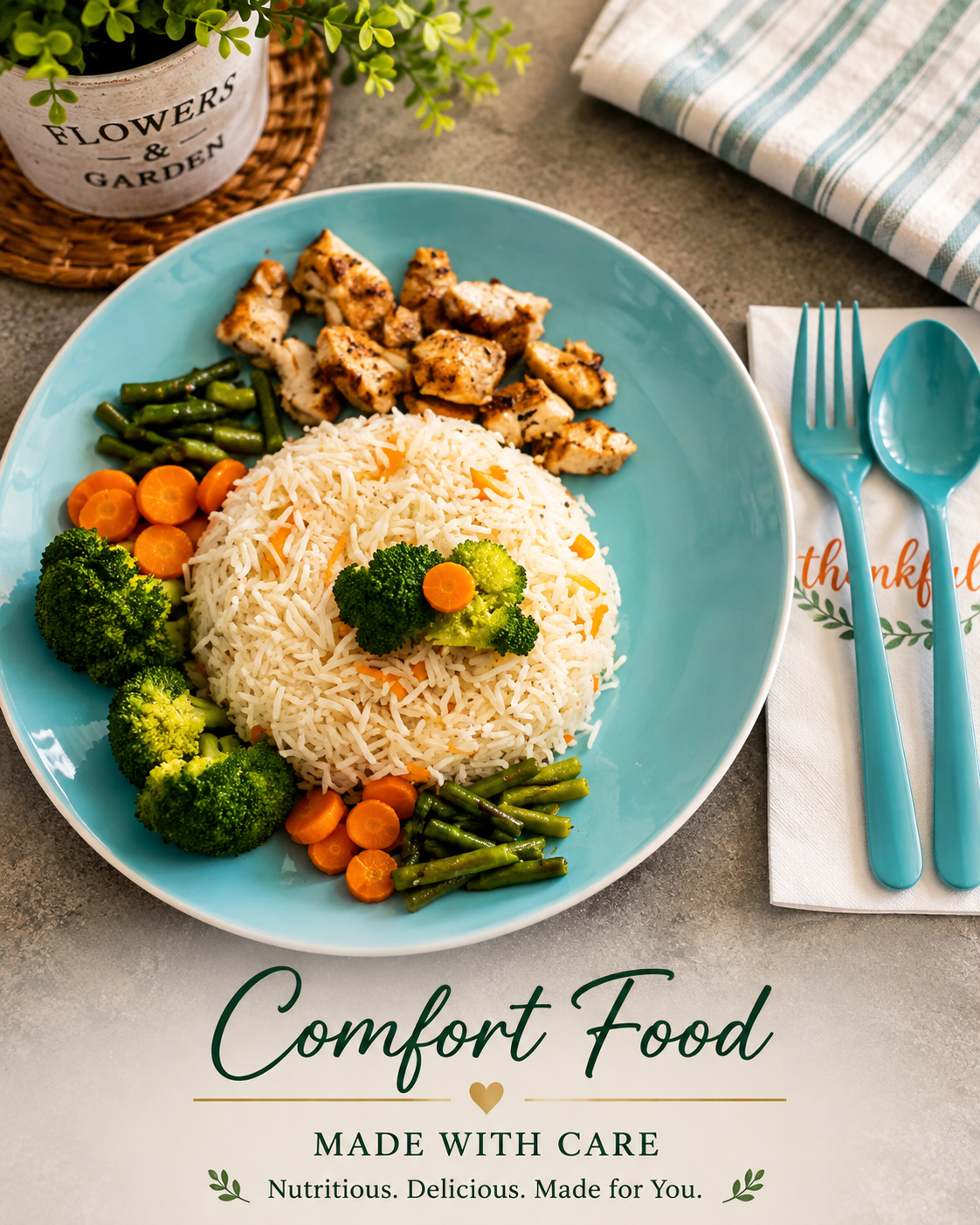 Seasoned chicken with steamed rice, broccoli, carrots and green beans