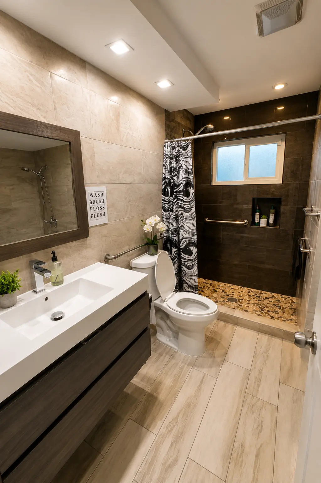 Accessible bathroom with a floating vanity and a walk-in tiled shower